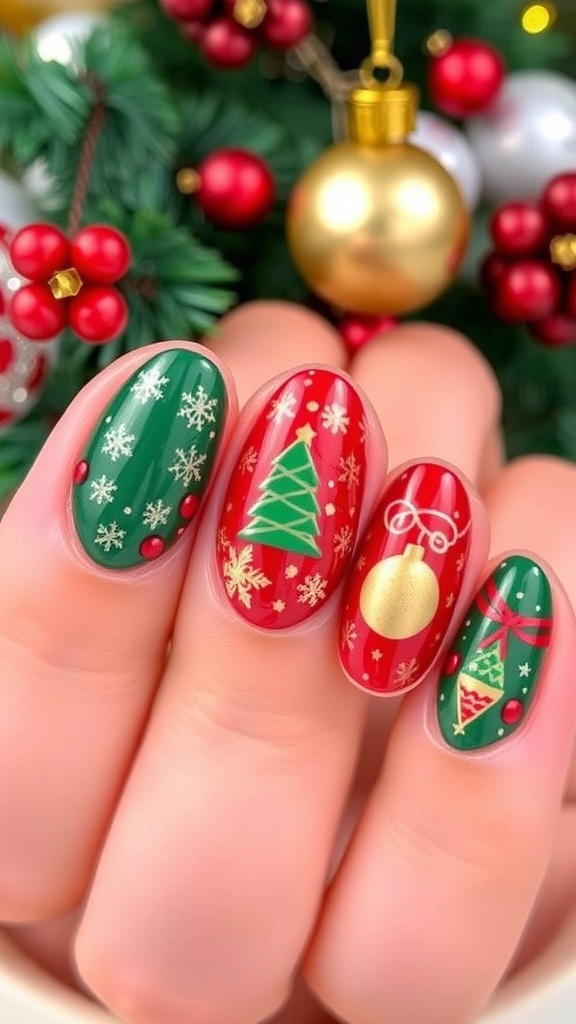Christmas Oval Nail Art Design Oval Christmas nail art design with red, green, and gold patterns, featuring snowflakes and Christmas trees.